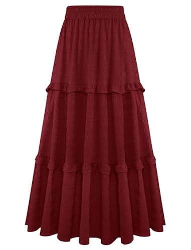 Gracyoga Womens Spring Fall Trendy Long Tiered Maxi Skirt High Waisted Loose Flowy Skirts Cute A Line Swing Maxi Skirts with Pockets Red Medium - Image 1