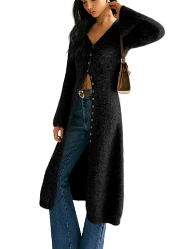 Jenisso Womens V-Neck Button Maxi Cardigan Bell Long Sleeve Open Front Split Breasted Sweater Dress Black - Thumbnail 6