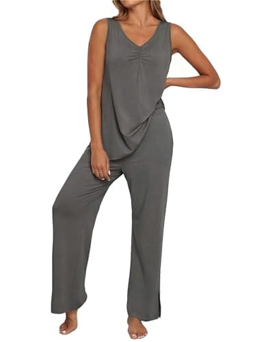 PrinStory Womens Pajama Sets Soft Knit Pjs 2 Piece Sleeveless Pajama Set Summer Lightweight Pj with Pockets Dark Gray-XL - Image 1