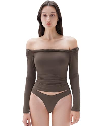 SUUKSESS Women Padded Off The Shoulder Tops Double Lined Going Out Long Sleeve Fitted Basic Fall Shirts(Brown, XS) - Image 1