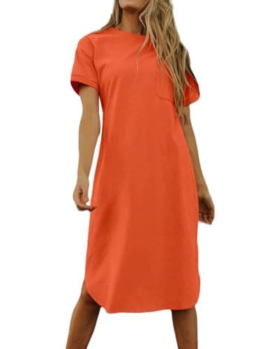 Dyexces Summer Dress for Women Crew Neck Short Sleeve Solid Basic T-Shirts Casual Midi Dresses with Pocket Orange - Image 1