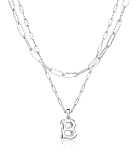 adoyi Valentines Day Gifts Silver Initial Necklace for Women 14k Gold Plated Layered Bubble Letter Necklaces Trendy Jewelry Chain Name B Pendant Necklace Stack Birthday Valentines Day Gifts - Image 1