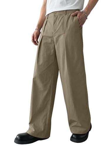 Crastimo Men Baggy Wide Leg Pants Zipper Fly Semi-Elastic Waist Open Bottom Dress Slacks Suitable Business Leisure Valentines Day Gift Khaki M - Image 1