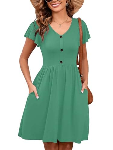 Heymoments Women Summer Dress Malachite Green Medium Ruffle Sleeve V Neck Casual Cute Loose Sundress Comfy Swing Button Down Midi Work Flowy Tunic Ladies Beach Vacation Teacher Dresses with Pockets - Image 1