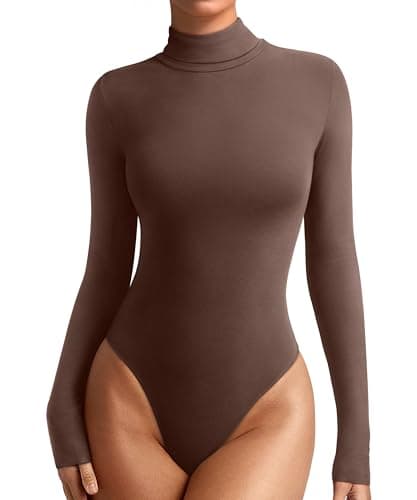 REORIA Womens Turtleneck Long Sleeve Tight Shirts Basic Tummy Control Bodysuit Thermal Underwear Tops Fall Clothes Shaved Chocolate Large - Image 1