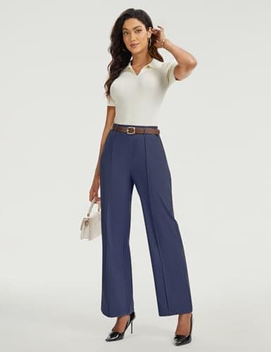 AVAMO Wide Leg Dress Pants for Women Pull On Stretchy Work Pants with Pockets High Elastic Waist Office Business Navy Blue - Thumbnail 6