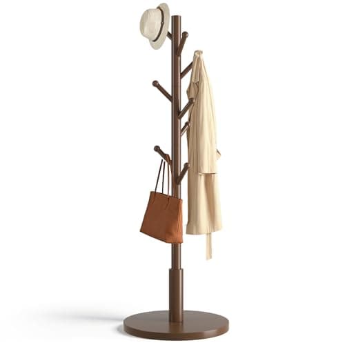 ACIPENSER Coat Rack Freestanding Wooden Coat Tree Stand with 8 Round-tip Hooks, 3 Adjustable heights Coat Hat Rack for Entryway,Bedroom,Hallway,Office (Brown) - Image 1
