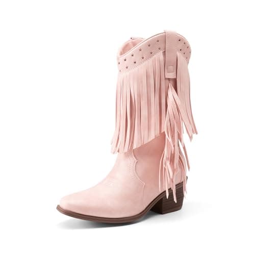 DREAM PAIRS Girls Cowboy Boots with Tassel Fringe Cowgirl Boots Kids Western Boots Stylish & Comfortable,Size 12 Little Kid,Pink,KKUMMB2508 - Image 1