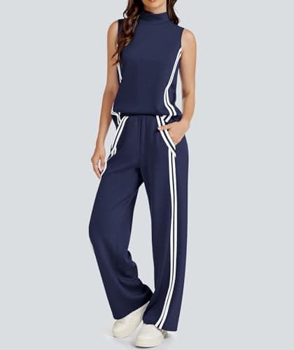 Casly Lamiit Two Piece Lounge Sets for Women Travel Outfits Casual Track Suit Sleeveless Tops Wide Leg Pant Summer Tennis Set Activewear Navy Blue XS - Thumbnail 4