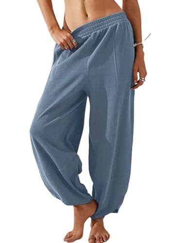 EGUGYDW Womens Baggy Wide Leg Pants Elastic High Waisted Palazzo Harem Trousers with Pockets Blue L - Image 1
