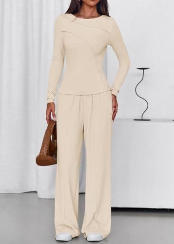 Lazysmile Lounge Sets For Women 2 Piece Sets Fall Outfits Long Sleeve Tops with Wide Legs Pants Casual Matching Set - Thumbnail 5