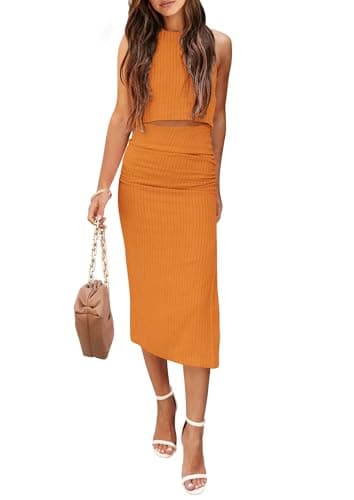 PRETTYGARDEN Women's 2 Piece Summer Outfits Crewneck Tank Tops Split Bodycon Midi Skirt Sets (Bright Yellow,Large) - Image 1