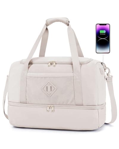 WANDF Travel Duffel Bag with Wet Pocket & Shoe Compartment, 18x14x8 Personal Item Bag with USB Charging Port, Water-Resistant Gym Weekender Overnight Carry-on for Women Men (Beige) - Image 1
