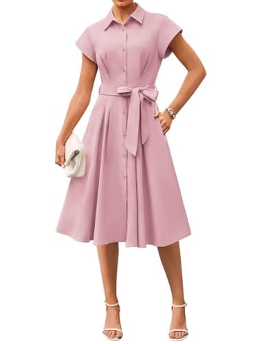 GRACE KARIN Womens Short Sleeve Shirt Dresses 2026 Summer Midi Button Down Dress Work Business Casual Dress with Pockets Pink L - Image 1