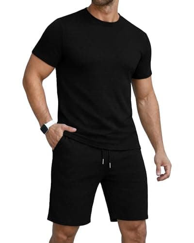 YTD Mens Short Sets 2 Piece Casual Outfits Summer T Shirts & Shorts Beach Vacation Loungewear with Pockets Medium Black - Image 1