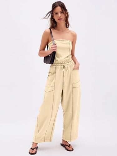 Sexyasasii Jumpsuits for women Strapless Romper Summer Casual Off the Shoulder Long Barrel Pants One Piece Outfits with Pockets - Thumbnail 6