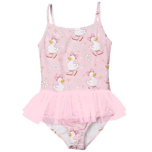 swimsobo Girls Swimsuit Size 7-8 One Piece Bathing Suits Tutu Pink Duck Kids Beach Swimwear Cute Adjustable Strap - Image 1