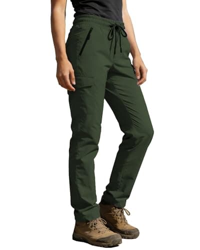 AGVNG Womens Hiking Cargo Pants with Pockets Waterproof Quick Dry Lightweight Elastic Waist Drawstring UPF 50+ Travel Work Casual Active Outdoor Army Green L - Image 1