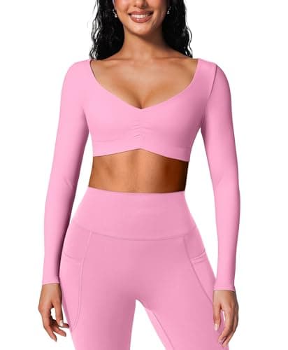 BRXL Pink Crop Top Long Sleeve Workout Gym Athletic Tops Built in Bra Deep V Neck Ruched Padded Dance Sexy Shirts - Image 1