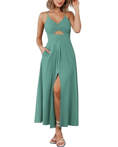 BTFBM Women 2026 Spaghetti Strap Midi Summer Dresses Sleeveless V Neck Cutout Slit Casual Beach Party Maxi Dress Pockets(Grey Green, XX-Large) - Image 1