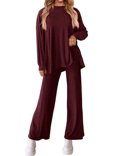 PRETTYGARDEN Womens Casual Spring Lounge Sets Long Sleeve Tops Wide Leg Long Pants Crewneck Two Piece Outfits Matching Set(Wine Red,Small) - Thumbnail 2