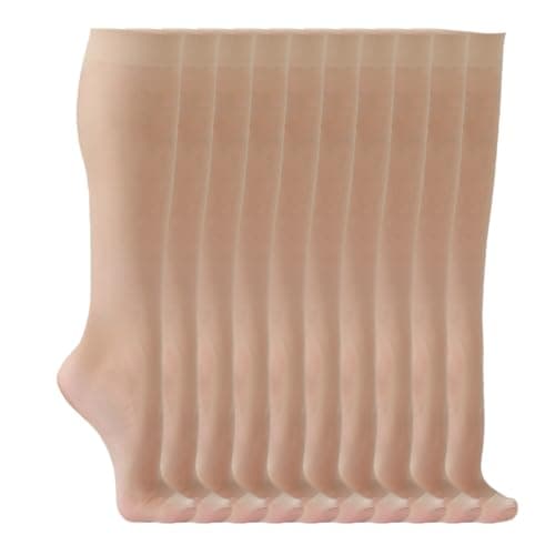 Hoxcaki Knee High Stockings for Women, 20D Knee High Socks with Reinforced Toes Sheer Nylons Socks for Women, 10 Pairs Natural - Image 1