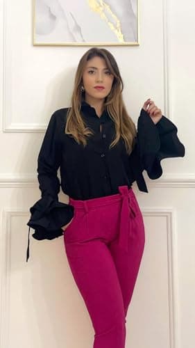 UOOZEE Womens Button Down Shirt Long Sleeve Dress Shirts Solid Work Blouse, Solid Black, XXL - Thumbnail 3