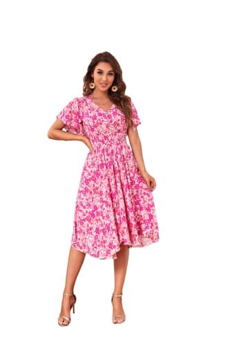 NERLEROLIAN Woman's Floral V Neck Button Elastic Waist Dress with Pockets (huaqunzi-39035-3,XL) - Image 1