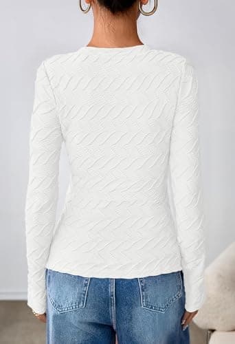 MEROKEETY Women's Fall Long Sleeve Shirts Blouses 2025 Casual Crewneck Textured Fitted Trendy Tops, White, X-Large - Thumbnail 3