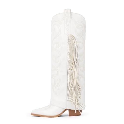 QIY Cowgirl Boots Women White Fringe Knee High Boots for Women Cowboy Fold Over Chunky Heel Pointy Toe Cow Boy Wide Calf Boot with Tassels Embroidery Long Western Shark Boot Size 8.5 - Image 1