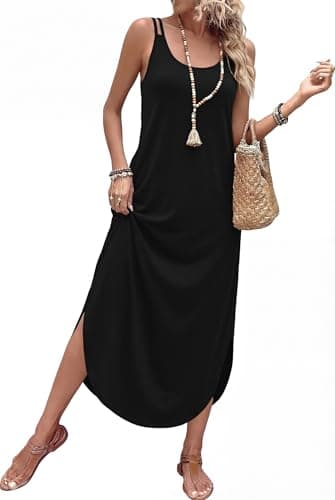 WIHOLL Beach Vacation Clothes for Women Maxi Dress Summer Spaghetti Strap Casual Sun Dress Long Sleeveless Black Dresses with Pockets Elegant Formal Holiday Dresses L - Image 1