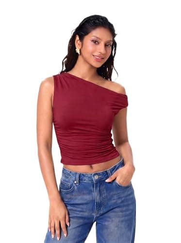 Date Outfits Red Off The Shoulder for Women Double Layered Sleeveless Y2K Going Out Crop Tank Blouses Shirt (Wine,L) - Thumbnail 2