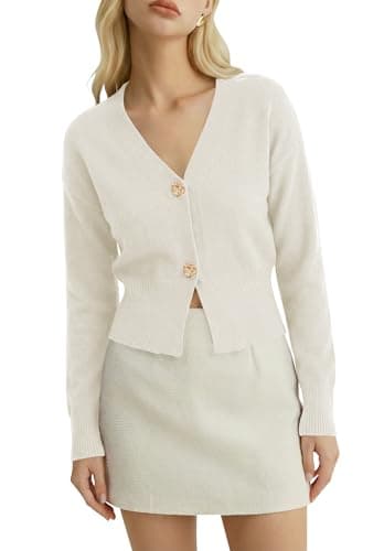 Women's Lightweight Spring Cardigan V Neck Cropped Button Down Sweater for Chic Spring Office Outfits White M - Image 1