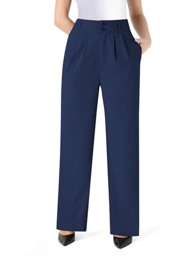 JOYCATCH Womens Wide Straight Leg Work Pants Casual Slacks Business Office Trousers Button Dress Pants Navy - Image 1