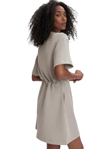 COCOMARTS Dresses for Women Summer Short Sleeve Crew Neck Sweatshirt Dress Drawstring Waist Tunic Tops Mini Vacation Sundress Khaki Medium - Thumbnail 3