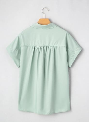 Dokotoo Plus Size Tops for Women Dressy Casual Chiffon Blouse Short Sleeve Shirts for Women Collared V Neck Work Office Button Down Shirt Solid Loose Fit T-Shirts Mist Green Polo Shirts XX-Large - Thumbnail 6