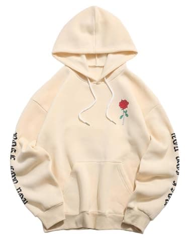 ZAFUL Men's Fleece Hoodie Unisex Rose Letter Print Hooded Pullover Kangaroo Pocket Sweatshirt Light Yellow L - Image 1