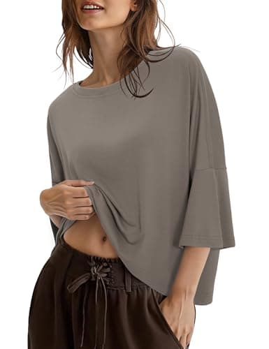 Totatuit Women Casual Summer Oversized Tshirts Batwing Sleeve Cropped Tee Cute Crewneck Crop Tops for Teen Girls Spring Elbow Sleeve Loose Fit Shirts Workout Gym Top 2026 Trendy Coffee Grey Medium - Image 1