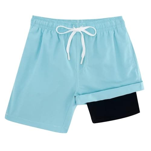 Cozople Boys Solid Blue Swim Trunks Size 8 Quick Dry UPF Beach Boards Shorts Summer Beach Surf Bathing Shorts with Boxer Brief Liner Swimwear - Image 1