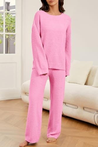GKBK Lounge Sets for Women 2 Piece Fuzzy Fleece Pajamas Long Sleeve Oversized Lounge Set 2025 Fall Winter Trendy Pink L - Thumbnail 4