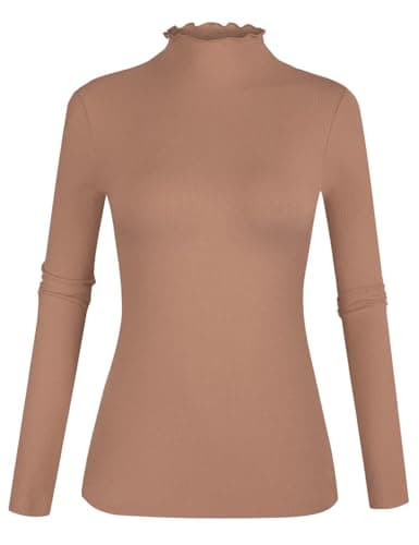 POPZONE Women's Lettuce Trim Mock Neck Long Sleeve Slim Fit Ribbed Knit Tee Shirt (Khaki, Large) - Image 1