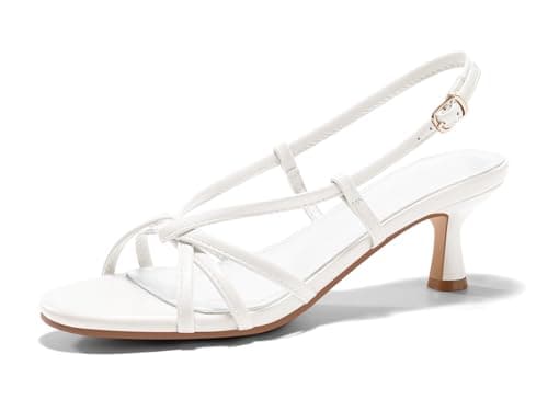 Coutgo Womens Strappy Sandals Slingback Kitten Low Heels Open Toe Buckle Strap Summer Party Dress Shoes, White, Size 9.5 - Image 1