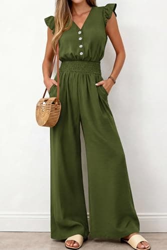 dowerme Women's Jumpsuits Dressy Casual 2026 Summer Ruffle Cap Sleeve V Neck Button Smocked Rompers Wide Leg Overalls(Army Green,Small) - Thumbnail 4