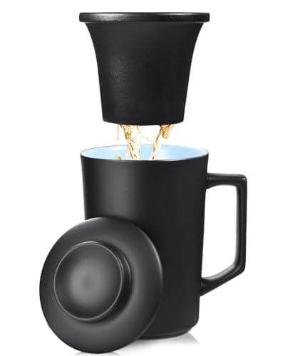 Foinly 15 oz Ceramic Tea Infuser Cup with Lid - Tea Mug with All Porcelain Strainer for Loose Leaf Teas,Microwave and Dishwasher Safe,Metal-Free,BPA-Free for Tea Lovers/Easter Day (Black) - Image 1