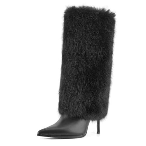 QIV Black Fur Knee High Boots women Pointed Toe Stiletto Winter Fashion Tall Boot for Women Size 9 - Image 1