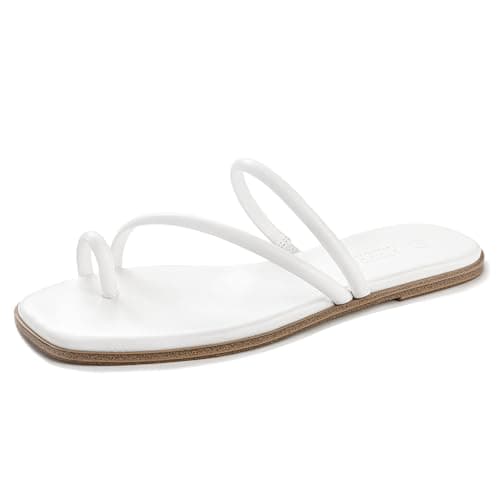 Rihero Womens White Slide Sandals Beach Square Toe Thong Flat Sandals Slip On Comfortable Dressy Summer Strappy Flip Flops Size 9.5 - Image 1