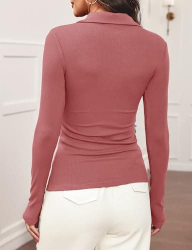Meetrendi Women's Long Sleeve Business Casual Tops Collared V Neck Work Blouse Button Fitted Polo Shirts Rose S - Thumbnail 5