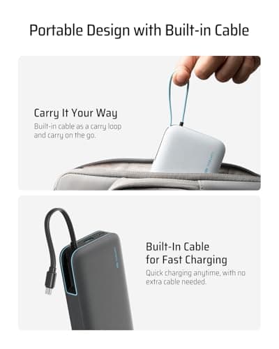 CUKTECH 45W Power Bank 20000mAh, Portable Travel Charger Built-in USB C Cable, Fast Charging Battery Pack for iPhone 16/15/14/13, iPad, Samsung Galaxy, Google Pixel, Android and More (Gray) - Thumbnail 5