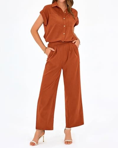 PRETTYGARDEN Womens 2 Piece sets Summer Cap Sleeve Tops Palazzo Pants Dressy Casual Vacation Travel Outfits Tracksuits(Brick Red,Large) - Thumbnail 4