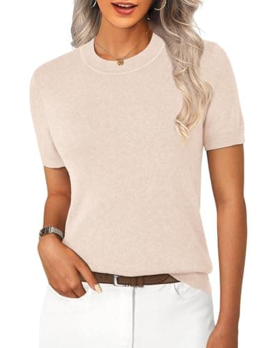 Short Sleeve Sweater for Women Wool Blend Pullover Lightweight Sweater Crew Neck Shirt Business Casual Work Top Apricot S - Image 1